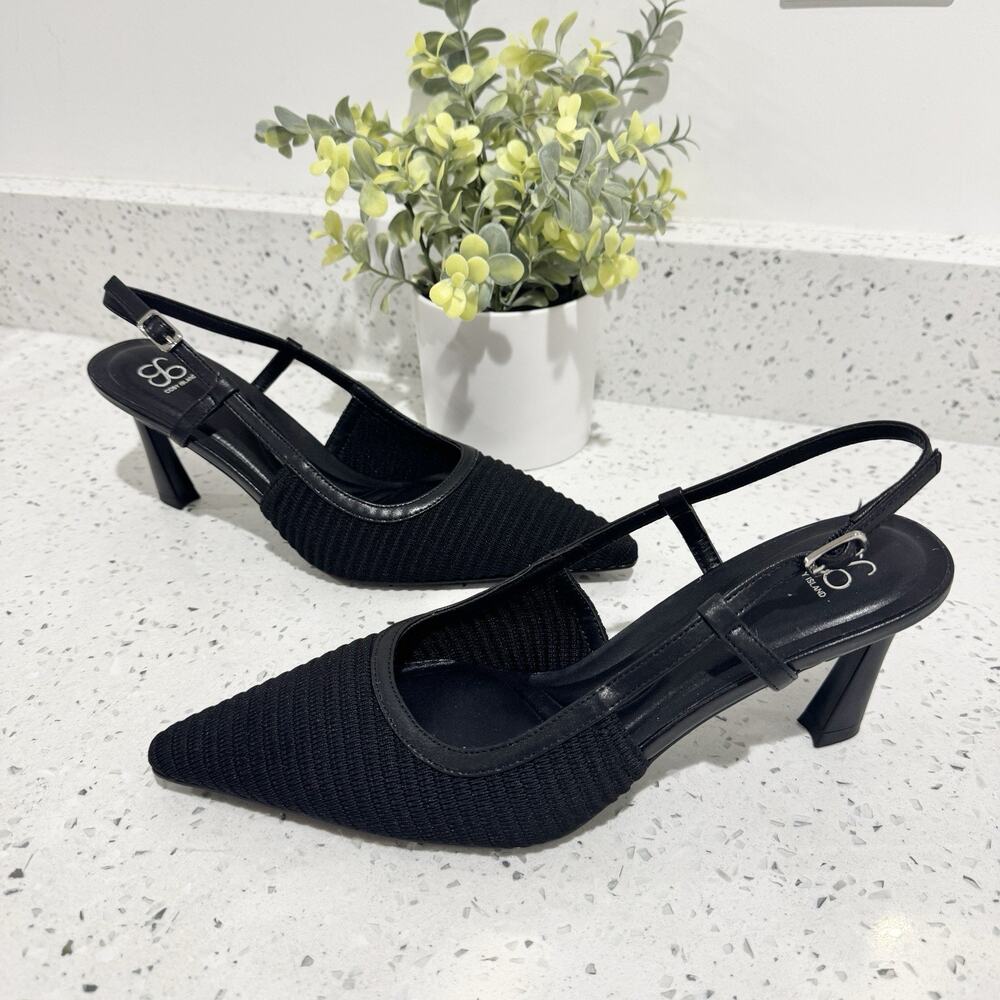 Cosy Island black minimalist woven pointed-toe heeled slingback shoes 7.5